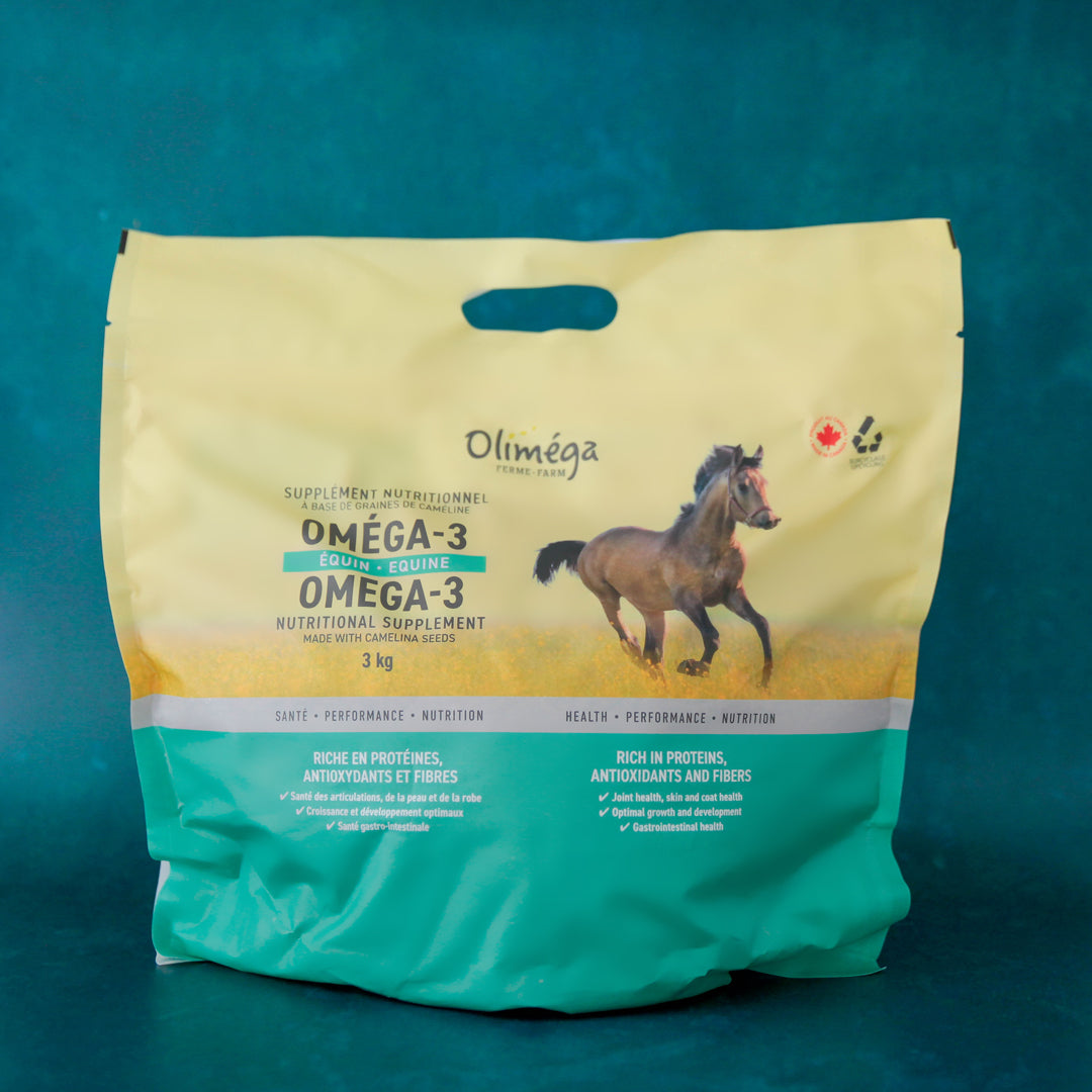 Supplément nutritionnel à base de tourteau de caméline oméga-3 pour chevaux